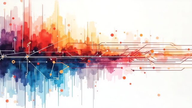 An abstract watercolor of hybrid data solutions represented in vibrant colors and shapes, showcasing leading lines to guide the viewer through the composition.