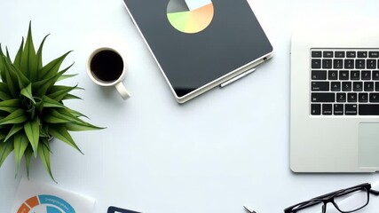 A clean, minimalistic desk arrangement featuring analytical tools, with an emphasis on open space to highlight data insights and provide a professional background for presentations.