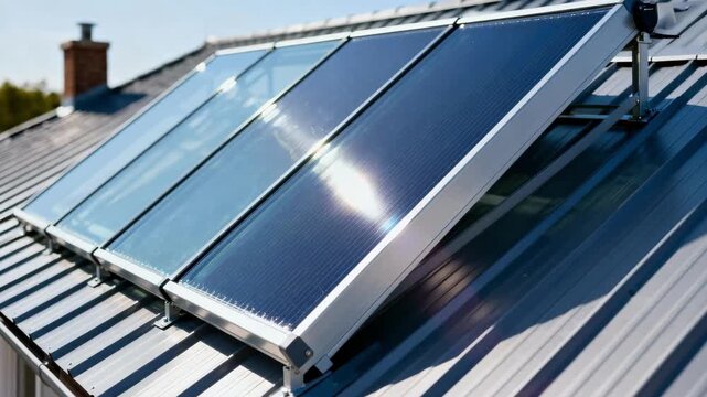 Closeup of flat plate solar thermal panels mounted on a rooftop demonstrating sleek design and effective sun absorption for residential water heating.