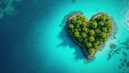 Naklejka premium Heart shaped island with green palm trees in clear blue ocean water. Lush tropical paradise landscape seen from above. Idyllic beach coast for peaceful vacation getaway.