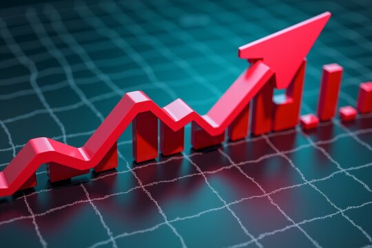 A vibrant red upward-trending arrow and bar graph on a teal grid background, symbolizing growth, success, or positive financial performance.