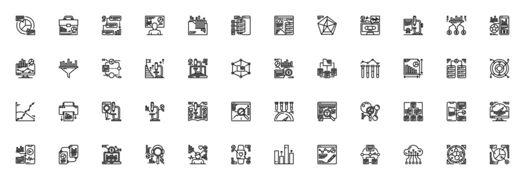 Data analytics icon set. Minimal vector icons pack. ncludes symbols for chart,dashboard, server, analysi, statistics, big data, clud, algorithm and more. Edtable stroke.