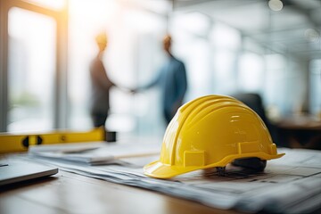 Business Handshake In Office With Yellow Safety Helmet