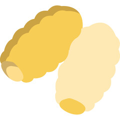 Two golden and light yellow pasta shells with textured ridges on a transparent background simple illustration