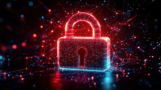 Digital glowing lock made of interconnected red and blue light points symbolizing cybersecurity and data protection