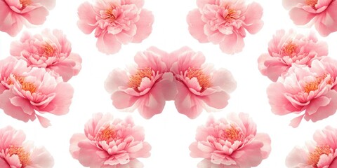 Delicate pink peonies with soft petals and detailed stamens arranged on a white background in a repeating pattern