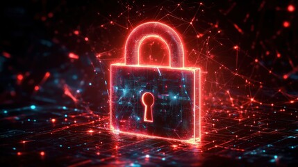 Glowing digital padlock with interconnected network nodes symbolizing cyber security and data protection in a futuristic virtual environment