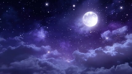 Serene Night Sky with Bright Moon Surrounded by Stars and Wispy Clouds Under a Deep Purple Background Perfect for Tranquil Atmosphere Themes