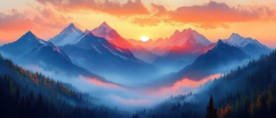Sunset over majestic snow-capped mountain range with misty valleys and dense forest under vibrant colorful sky