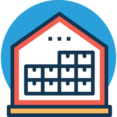 Warehouse Building Interior Storage Boxes Stacked Inside Blue Circle Logo Icon Graphic Vector Art