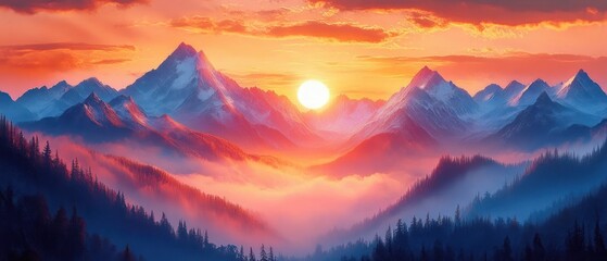 Sunset over a mountain range with snow-capped peaks, misty valleys and dense pine forests creating a serene and majestic landscape