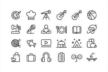 Fototapeta premium Hobby and leisure activity icon set for lifestyle, recreation, and art design projects