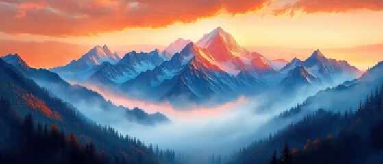 Obraz premium Vibrant sunrise illuminating tall snowy mountain peaks surrounded by misty valleys and dense pine forests evoking a serene and majestic atmosphere