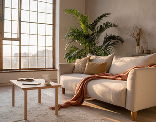 Cozy minimalist living room with warm natural light
