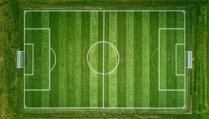 Aerial Top-Down View of an Empty Green Football (Soccer) Field with White Markings and Striped Grass Pattern