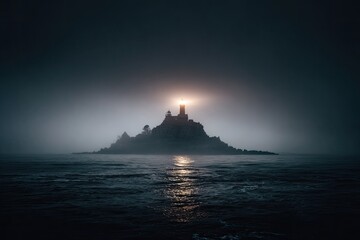Mysterious Lighthouse on Foggy Island at Night