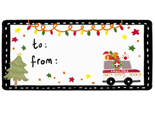 cute blank empty kids hand drawn doodle christmas gift boxes label tag sticker with ambulance van rescue team vehicle transportation themes watercolor crayon illustration design clipart png