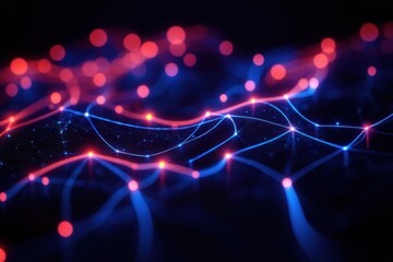 Abstract digital landscape composed of interconnected glowing blue and red nodes connected by lines on a dark background conveying a sense of complex data network and energy flow