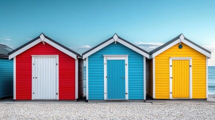 Three colorful beach huts in red, blue, and yellow lined up side by side on a pebbled shore under a clear blue sky