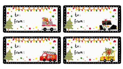 Set collections clipart of blank empty kids christmas gift label tag stickers with community cars vehicle transportation themes watercolor crayon doodle hand drawn illustration design png