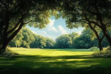 Fototapeta premium Sunlit green meadow framed by large, leafy trees under a blue sky with soft clouds, evoking peace and tranquility in a lush natural setting