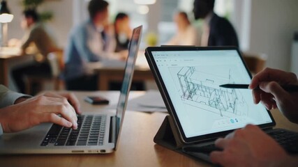 Design team collaborates on architectural plans in bright office space during working hours - Powered by Adobe