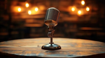 Vintage silver microphone standing on wooden round table with warm blurred glowing lights in the background, cozy intimate atmosphere