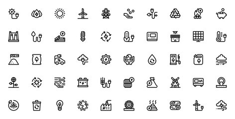 Renewable Energy icon set. Eco vector symbols pack. ncludes solar, wind, biomas, hydraulic energy, battey, eco car, recycling and ore. Editable stroke.