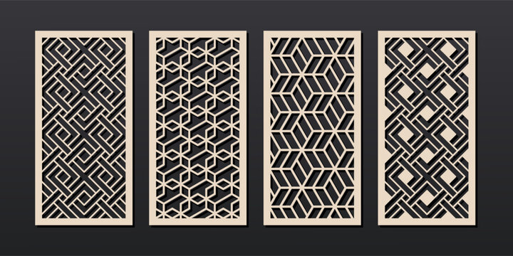Vector decorative panels with abstract geometric pattern. Cutout design for home interior decor, privacy screen, wall art, room divider, paper art. Template for laser, cnc, plasma and plotter cutting
