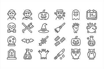 Minimalist Halloween line art icons for seasonal illustration and decoration projects