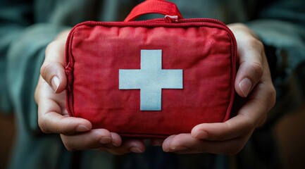 Close-up of hands holding a red first aid kit with a white cross symbol representing medical emergency care and preparedness