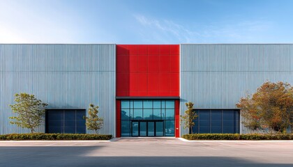 Obraz premium Modern industrial building facade with gray and red panels, large glass entrance, small trees and bushes, clear sky and empty driveway