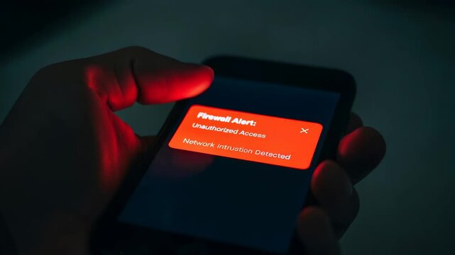 Man holds phone displaying firewall alert revealing network intrusion and unauthorized access on screen, concept of cyber security.