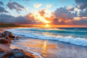 Vibrant sunrise over a rocky coastline with bright orange and blue sky reflected on ocean waves and sandy beach