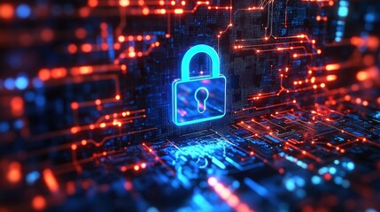 Glowing digital padlock symbolizing cybersecurity on a futuristic circuit board with blue and orange neon lights representing data protection