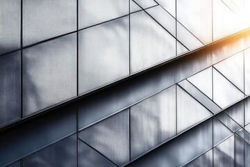 Modern building facade with sleek metallic panels and sharp angular lines illuminated by soft sunlight creating geometric shadows