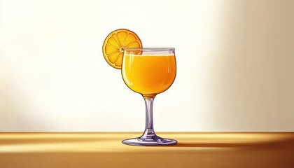 A clear glass filled with vibrant orange juice garnished with a fresh orange slice on a smooth wooden surface with a light beige background
