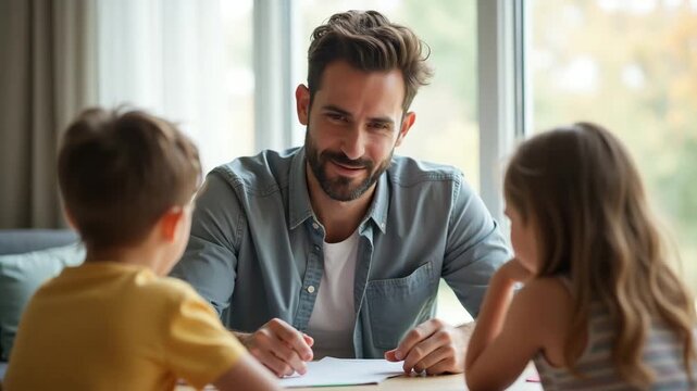 A father actively engaging in a discussion with his children, emphasizing the dynamic nature of dad responsibilities and family communication; includes negative space for instructions.