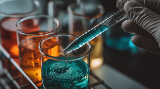 Laboratory experiments with colorful liquids in beakers, scientist using pipette to transfer solution, chemical analysis and research concept in modern lab setting