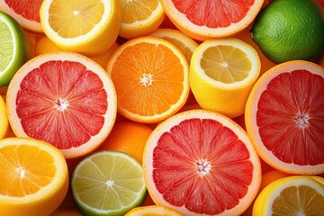 Fototapeta premium Close-up of assorted citrus fruit halves including grapefruit, orange, lemon, and lime with vibrant colors and fresh juicy texture