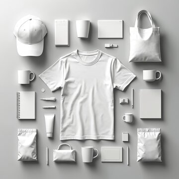 White merchandise set for corporate identity branding mockup. Flat lay with t-shirt, cap, tote bag, mug, stationery. Promotional items template for design presentation, advertising product company