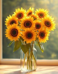 Bright yellow sunflowers arranged in a clear glass vase on a sunlit wooden surface with a soft blurred window background, evoking warmth and cheerfulness