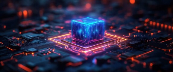 Glowing digital blue cube atop a futuristic circuit board with vibrant orange neon light traces creating a high-tech atmosphere