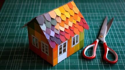 Colorful paper house model with vibrant roof tiles and red scissors on green cutting mat background for creative projects and DIY crafts