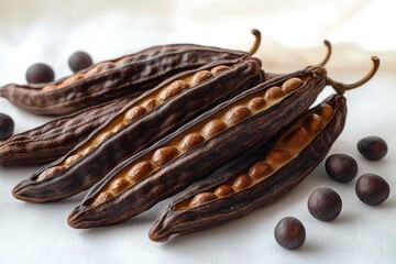 Close-up of dark brown pods with shiny round seeds on a white surface with soft natural lighting
