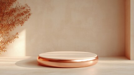 Minimalist beige and peach interior with a round copper and wooden platform beside a dried plant casting shadows, creating a warm and calm atmosphere