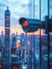 Close-up of a security camera mounted on a glass building overlooking a city skyline at dusk with illuminated skyscrapers