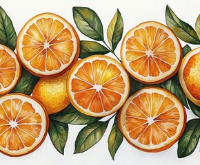 Vibrant watercolor painting of sliced oranges with green leaves arranged in a natural pattern showcasing fresh citrus fruits and foliage