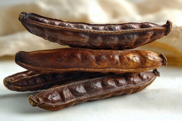 Close-up of a stack of four dry brown carob pods on a light fabric surface with a blurred neutral background