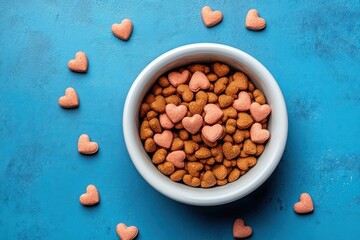 White bowl filled with brown and pink heart-shaped pet food pieces surrounded by scattered pink heart-shaped pieces on a textured blue surface